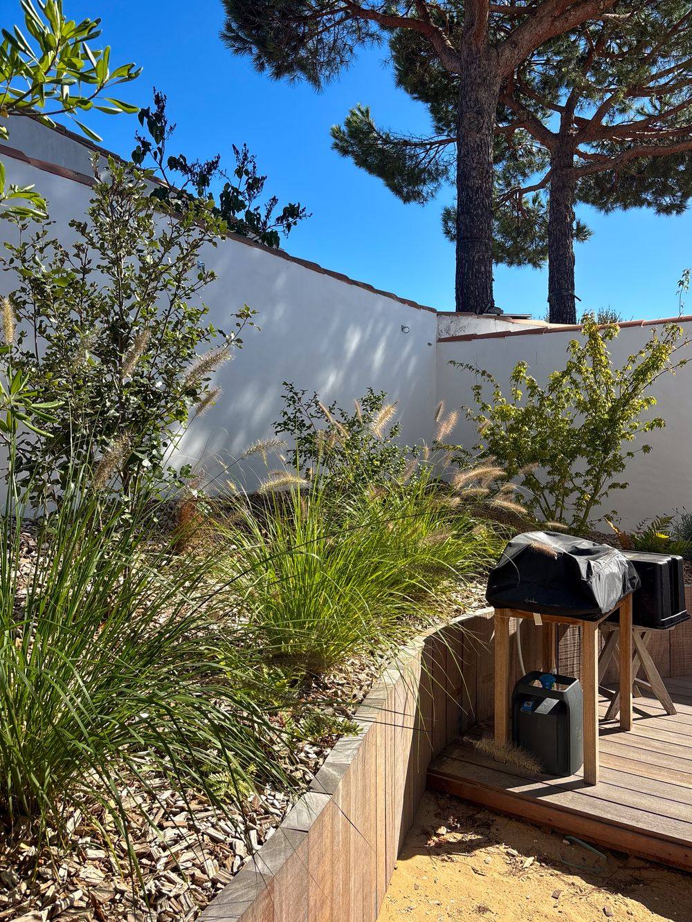 Massif de graminées et arbustes le long d'une terrasse en bois, réalisé par AH Paysage
